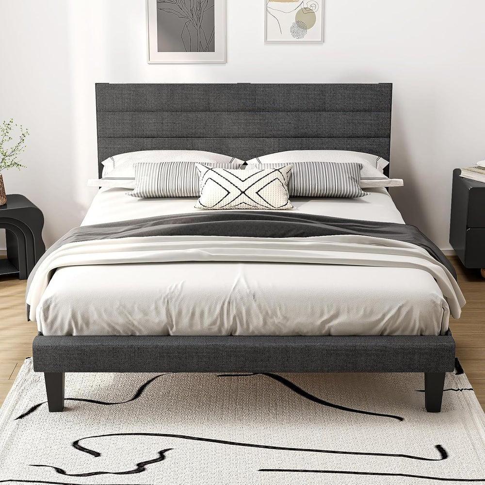VINGLI Full Upholstered Platform Bed Frame with Headboard,Linen Dark Gray
