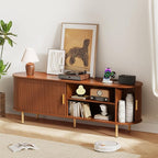 DHH 63 Inch Mid Century Modern TV Stand with Power Outlet for TVs up to 70 Inch, Entertainment Center with Storage and Adjustable Shelves, Media Console with Sliding Doors for Living Room(Walnut)