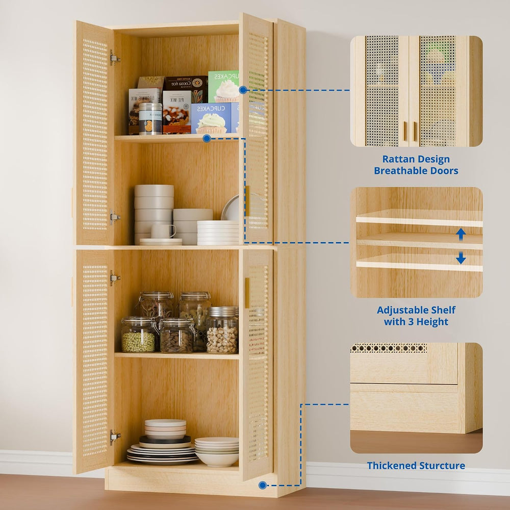 Cozy Castle Kitchen Pantry Cabinet, 71" Tall Rattan Doors Storage Cabine...
