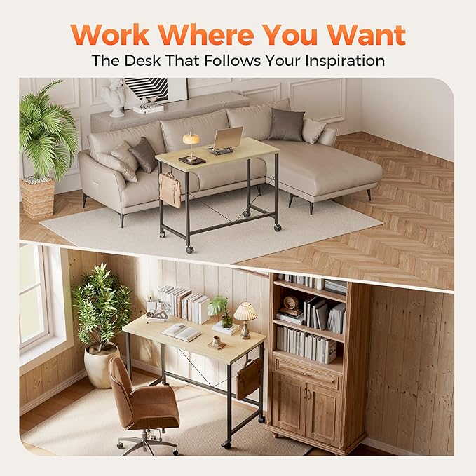Rolling Computer Desk with Wheels, Gaming Desk for Small Spaces, Modern Simple Style Table for Home Office, Study Writing Table (Caster, Oak, 24 inch)