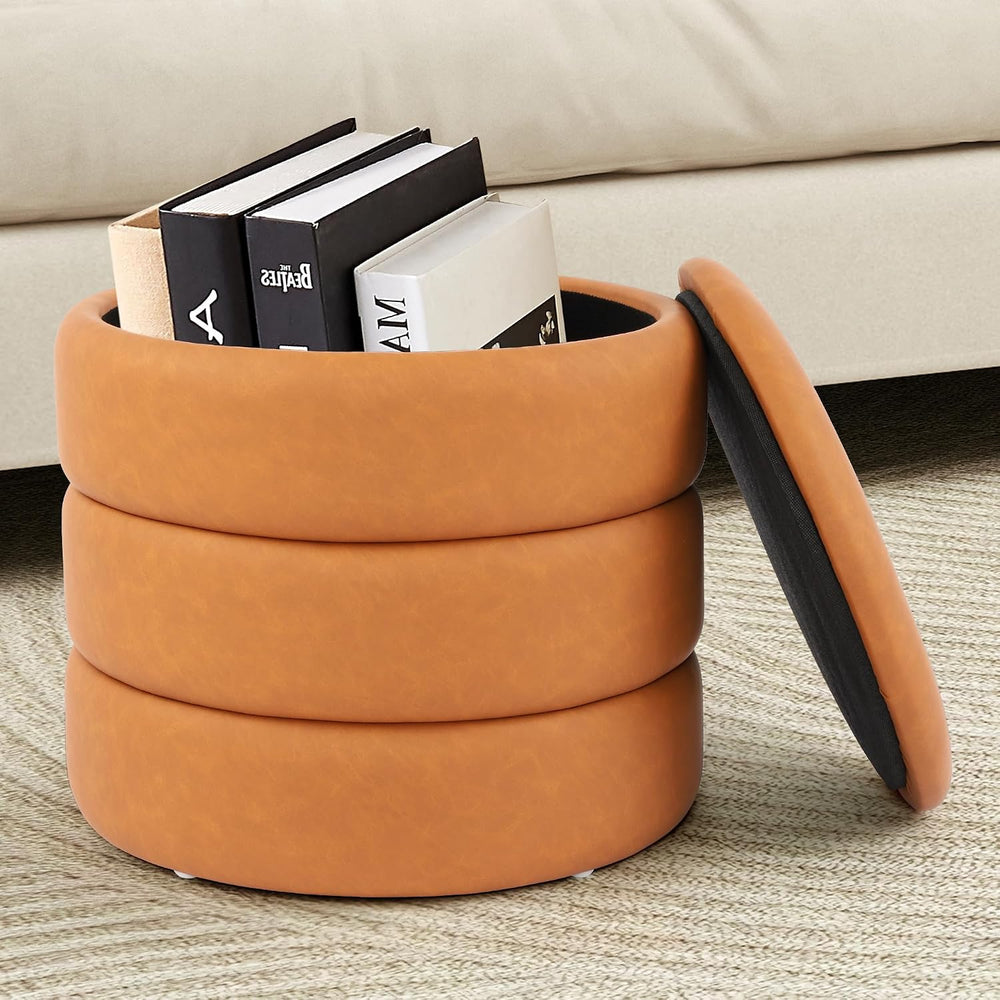 DAGONHIL Round Ottoman with Storage, PU Leather Footrest, Hidden Storage Otto...