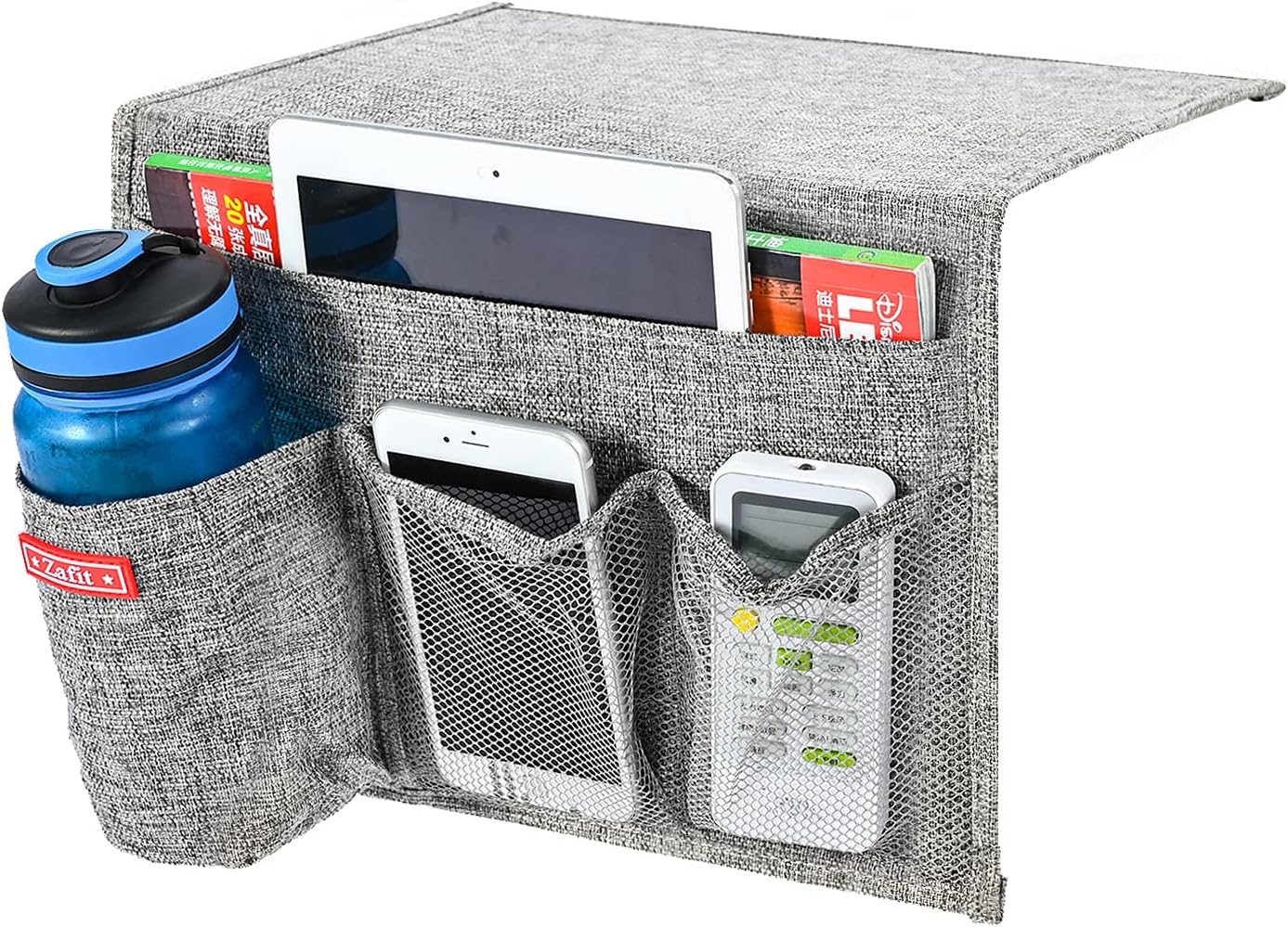 Linen 4 Pockets Bedside Caddy, Bedside Storage Organizer with Water Bottle Holde for Magazine, Remotes, Phone (Grey)