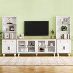 Ball & Cast Farmhouse TV Stand with Bookshelves for TVs up to 70", Media Console w/Tempered Glass Doors & Solid Wood Gourd-Shaped Legs, Entertainment Center for Living Room,White+Natural