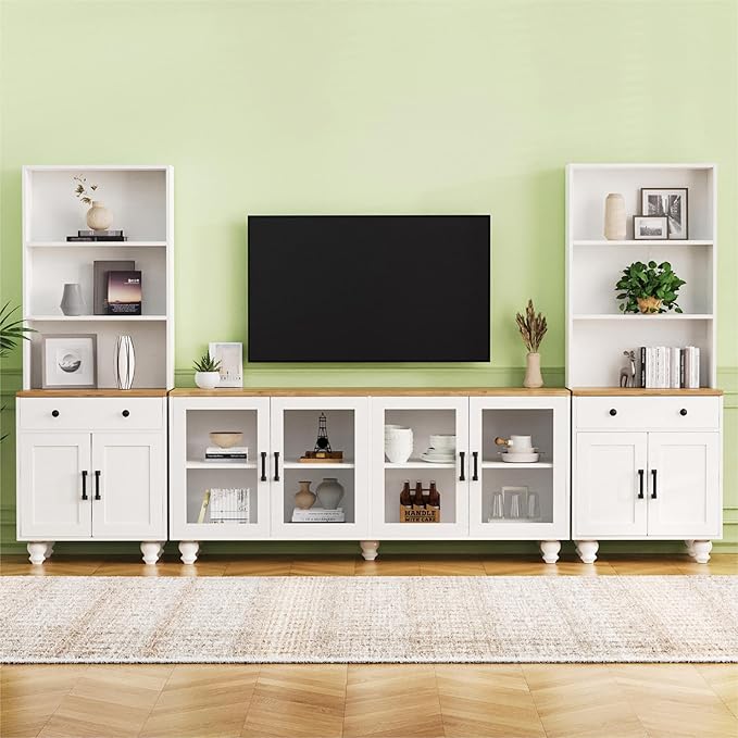Farmhouse Entertainment Center with 2 Bookshelves & Tempered Glass Doors, TV Stand with Adjustable Shelves for TVs up to 70'', Media Console with Solid Wood Gourd-Shaped Legs, White