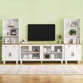 Farmhouse Entertainment Center with 2 Bookshelves & Tempered Glass Doors, TV Stand with Adjustable Shelves for TVs up to 70'', Media Console with Solid Wood Gourd-Shaped Legs, White
