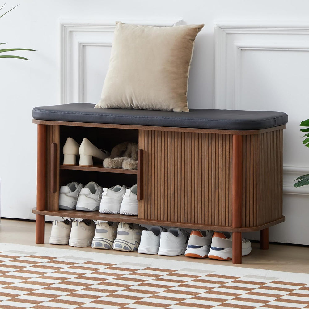 Shoe Bench, Entryway Shoe Cabinet with Leather Cushion and Sliding Door, Mode...