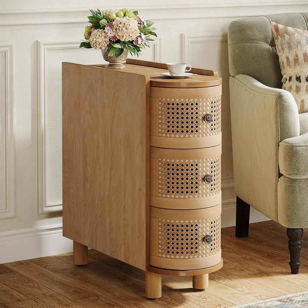 Tribesigns Solid Wood End Table, 3-Drawer Rattan Side Table, Night Stand with...