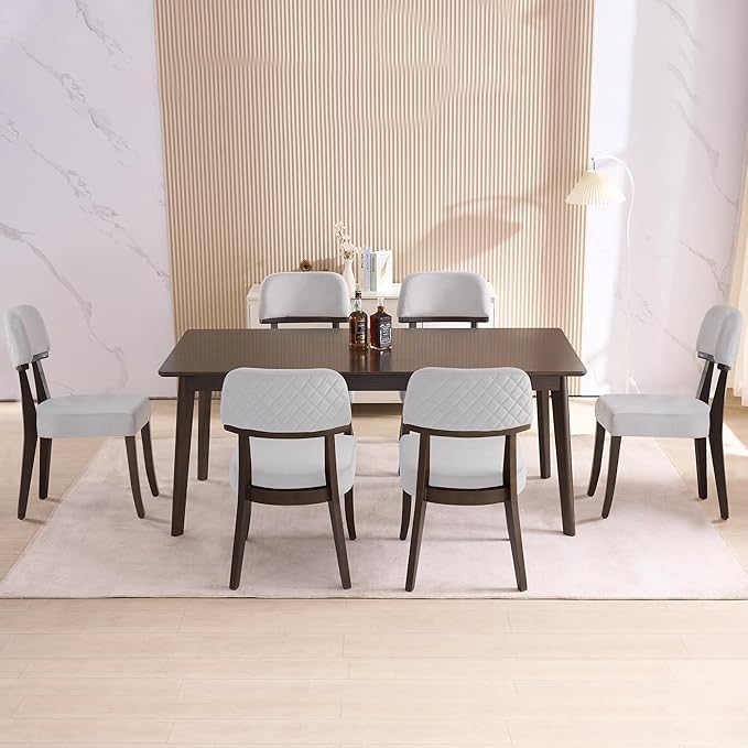 Modern Wood Dining Chairs Set of 6, Velvet Upholstered Kitchen Chairs with Open Curved Backrest & Black Hardwood Legs for Vanity, Living Room, 350 LBS Capacity, Grey