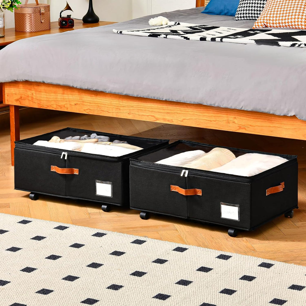 Freebat Under Bed Storage with Wheels 2 Pack, Underbed Container | 10 inch Height Under Bed Drawers with Clear Lid Cover, Storage Bag Box with Visiable Window for Clothes, Bedsheet, Pillow