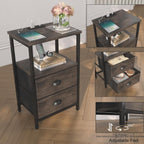 sthmec Nightstand with Charging Station, LED Night Stand Set of 2, Bedside Table End Table with Drawer, Bedroom Tables with 2 Fabric Drawers, 3-Tier Storage Side Table for Bedroom, Black Oak