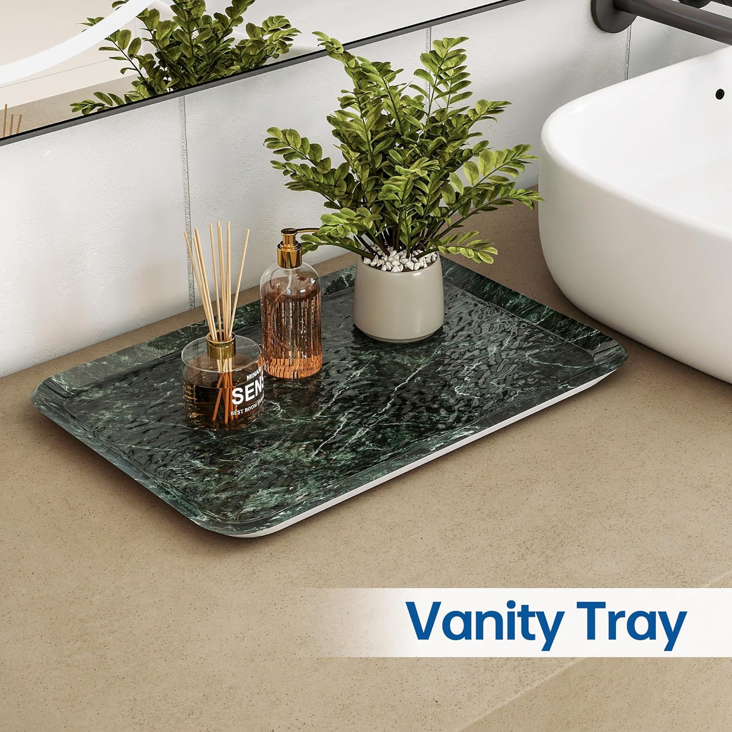 Vanity Decorative Tray, 12" x 8" Green Marble Pattern Perfume Tray, Bathroom & Countertop Organizer for Soap, Jewelry, Candle