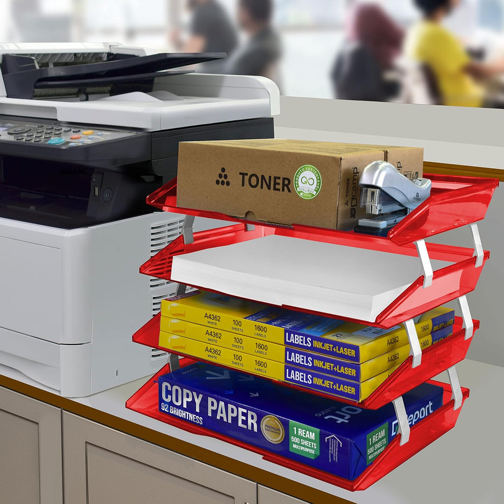 Acrimet Facility 4 Tier Letter Tray, Side Load, Letter Size/A4, Desktop File Organizer, Plastic (Clear Red)