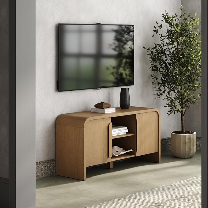 Nathan James Iris Mid Century Modern Minimalist TV Stand with Storage, Media Console Cabinet for TVs Up to 50", Light Brown