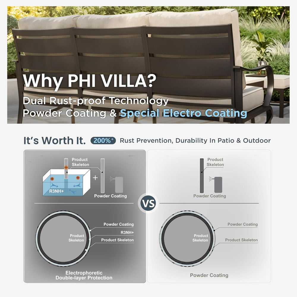 PHI VILLA Metal Patio Sofa with 5.75" Extra-Thick Waterproof Cushion, 3 ...
