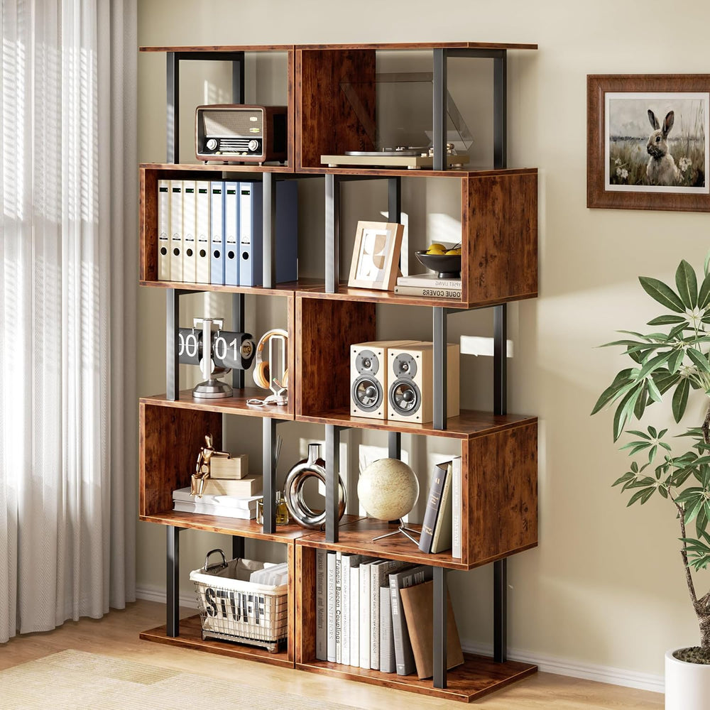 Furologee 6 Tier Bookshelf, S Shaped Geometric Bookcase, Rustic Brown