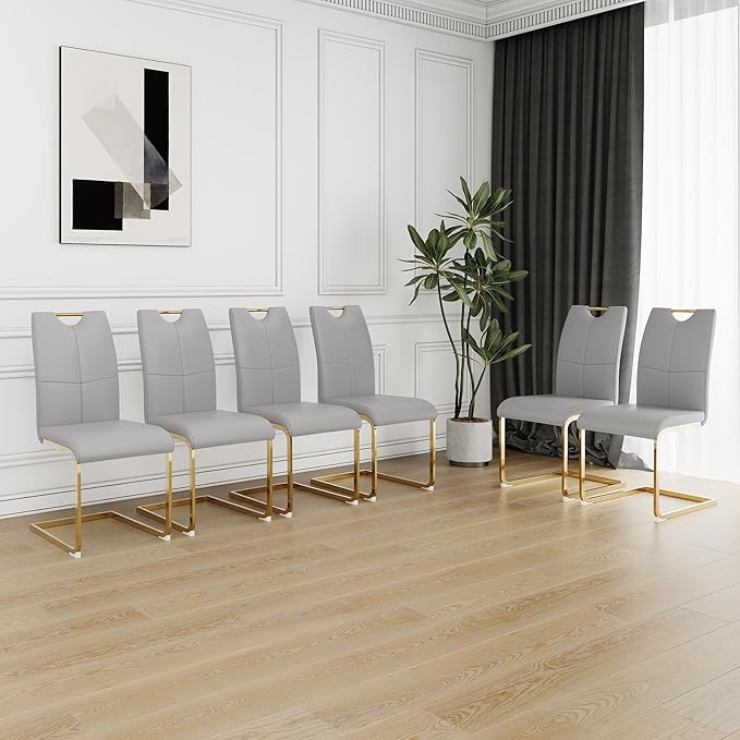 Goujxcy Dining Chairs Set of 6, Modern High Back Kitchen Chairs with Metal Legs and Faux Leather Padded Seat Upholstered Dining Chairs for Dining & Kitchen,Living Room (Light Gray&Gold, Set of 6)