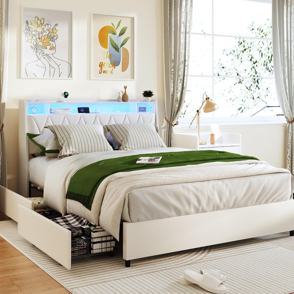Peanu Queen Bed Frame, Ergonomic Headboard, White Metal Platform