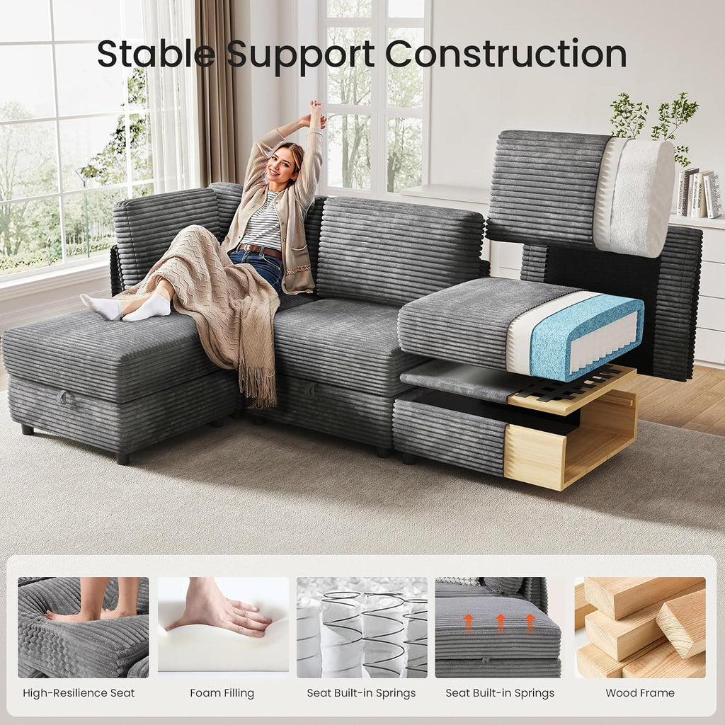 KKL Modular Sectional Sofa U-Shaped 6 Seater Couch with Storage Ottoman, Convertible L-Shaped Plush Wide-Wale Corduroy Couch for Living Room, Apartment, Modern Design, Gray