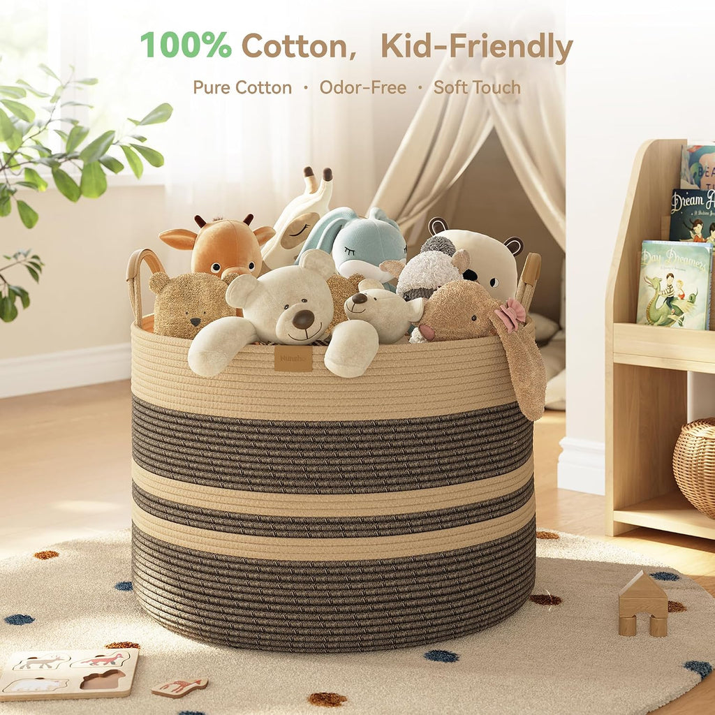 Nunsino 115L Woven Blanket Basket with Leather Handles, Cotton Rope Laundry Basket Hamper,Decorative Nursery Basket Toy Storage Basket for Kids, Living Room, Bedroom, Dark Brown Stripes