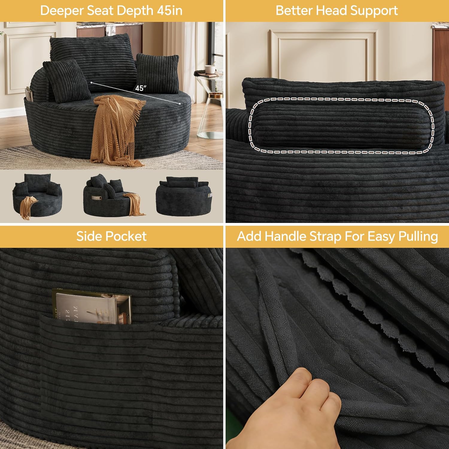 55" Oversized Round Chaise Lounge Chair Indoor, Upholstered Plush Deep Seat Circle Single Cloud Lounge Floor Sofa Chair with 4 Pillows with Side Pocket, Living Room, Bedroom Apartment, Dark Gray