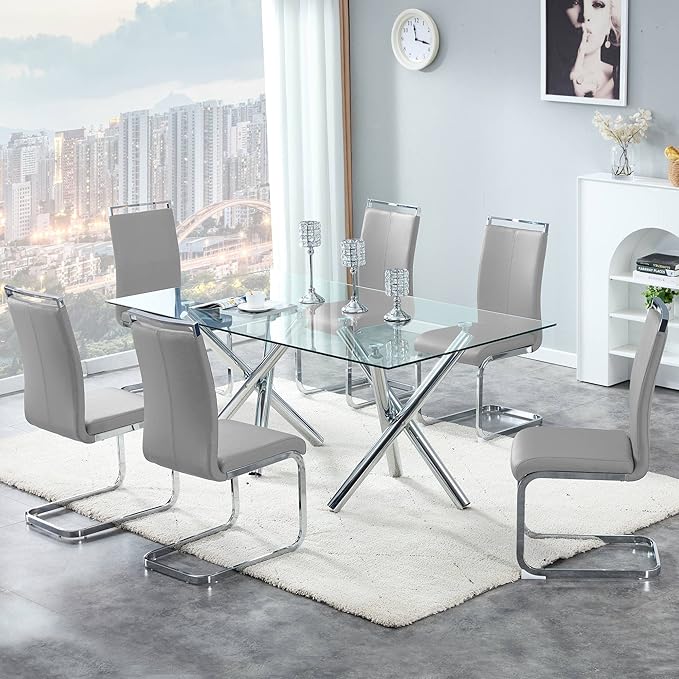 AZmac Modern Leather Dining Chairs Set of 8,Armless Kitchen Chairs,Dining Room Chairs with Upholstered Padded Seat and Sturdy Chrome Legs for Dining Room,Kitchen (Set of 8, Warm Grey)
