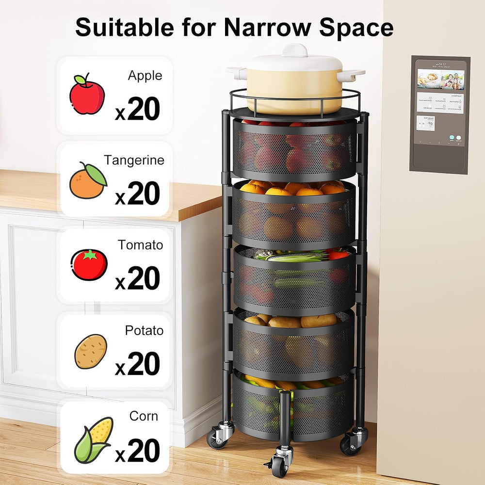 SAYZH 5 Tier Fruit Vegetable Basket Stand for Kitchen, Rotating, Black | Roll...