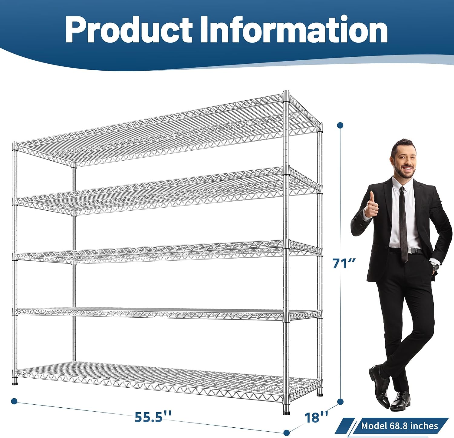 REIBII 55.5" W Storage Shelves 3200LBS Metal Shelving 5 Tier Wire Shelving Garage Shelving Heavy Duty Metal Shelves for Shelving Unit Commercial Adjustable Shelf, 55.5" W X 18''D X 71" H，Chrome