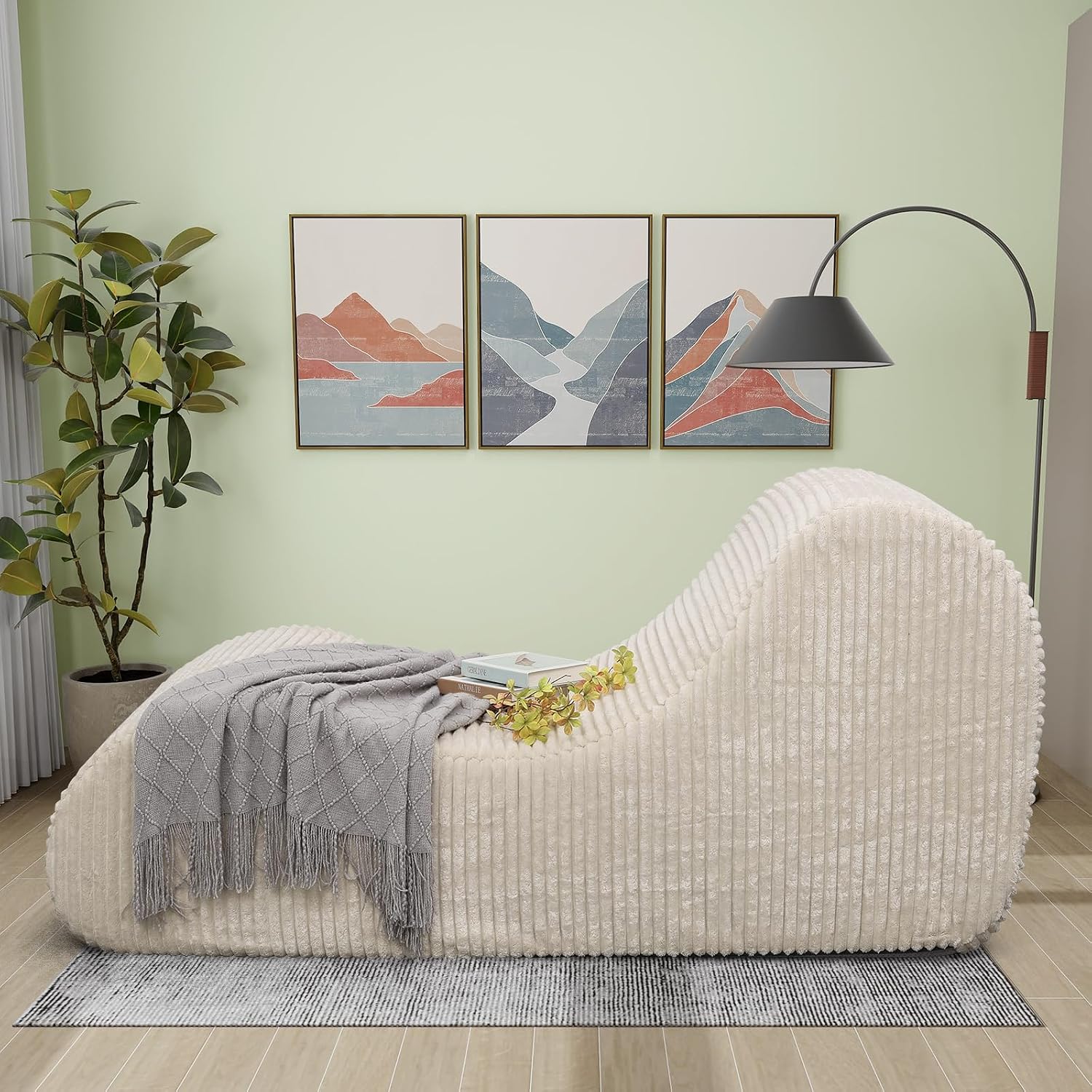 Rattaner Corduroy Chaise Lounge Chair Couch Indoor Boneless Oversized High-Density Sponge Soft Sofa for Yoga, Khaki