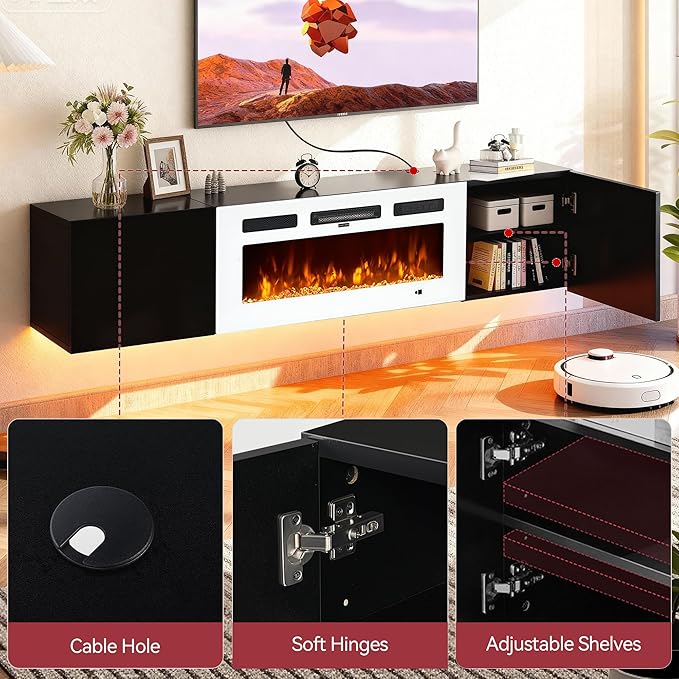 MXV 70'' Floating TV Stand, Modern Media Entertainment Center with 36" Electric Fireplace, TV Console Cabinet Wall Mounted, Adjustable 12-Color LED Lights, for Living Room, Black + White