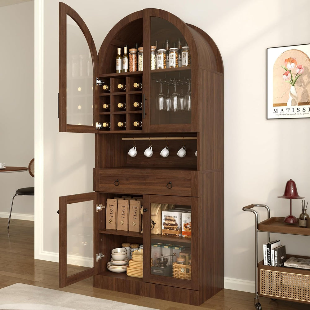 Merax 70" Tall Arched Farmhouse Pantry Cabinet with Glass Doors, Walnut ...