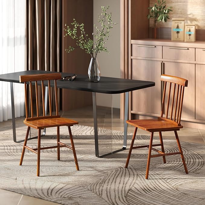HOMCOM Windsor Dining Chairs Set of 2, Farmhouse Wooden Kitchen Chairs with Rubber Wood Frame and Spindle Backrest for Dining Room, Living Room, Light Brown