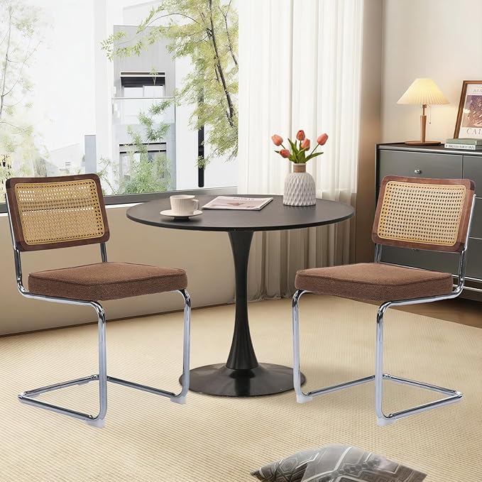 3-Piece 31.5" Round Dining Table Set for 2 with Upholstered Chairs – Space-Saving Modern Small Kitchen Cafe Bistro Set(Coffee Linen Chair)