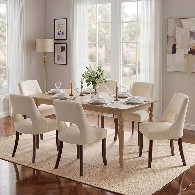 UVV Wooden Dining Chairs Set of 4, Mid Century Modern Fabric Upholstered Dining Room Chair Kitchen Chairs, Farmhouse Dinner Chair with Solid Wood Legs for Kitchen Dining Room, Beige