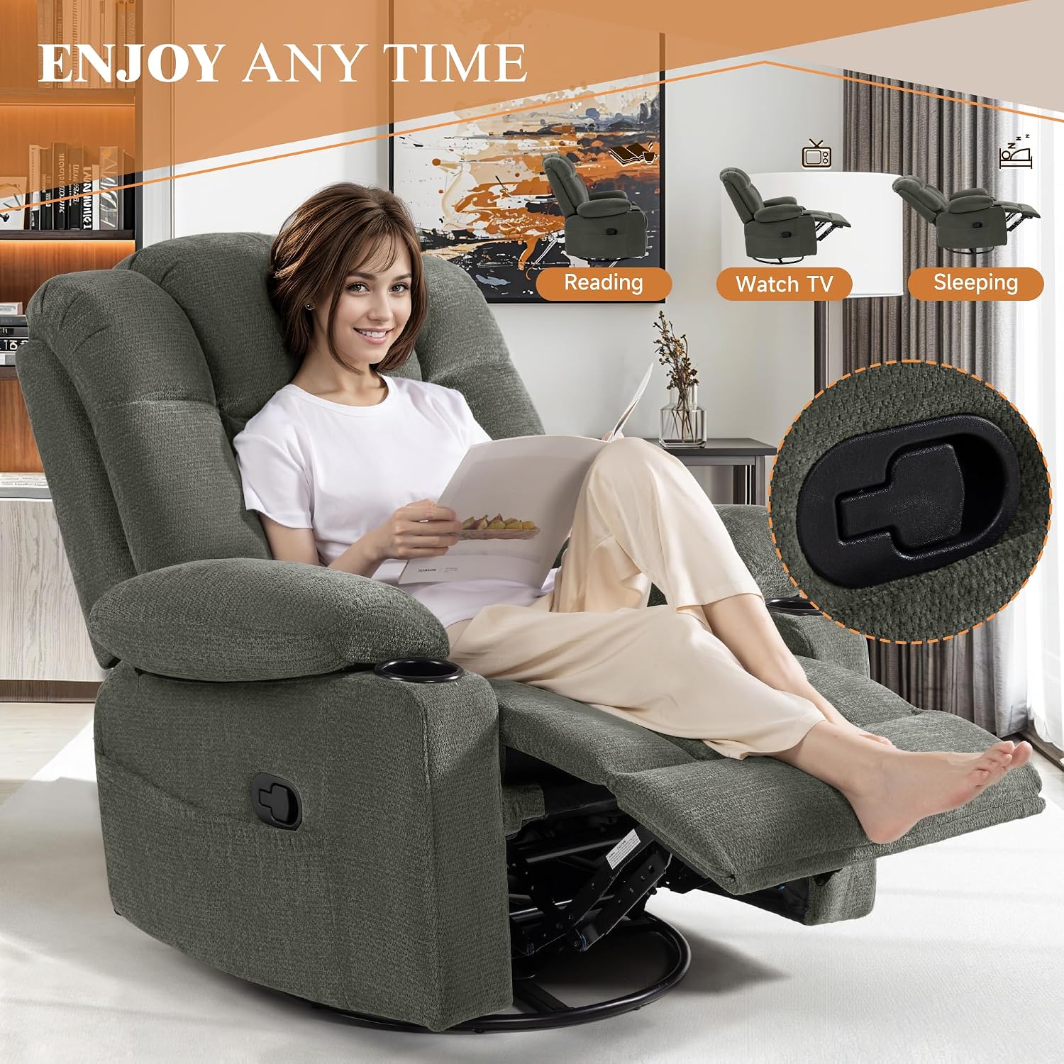 Swivel Rocker Recliner Chair for Adults – Manual Glider Sofa with Massage, Heat & Vibration, 360° Rocking for Living Room or Nursery,Dark Gray