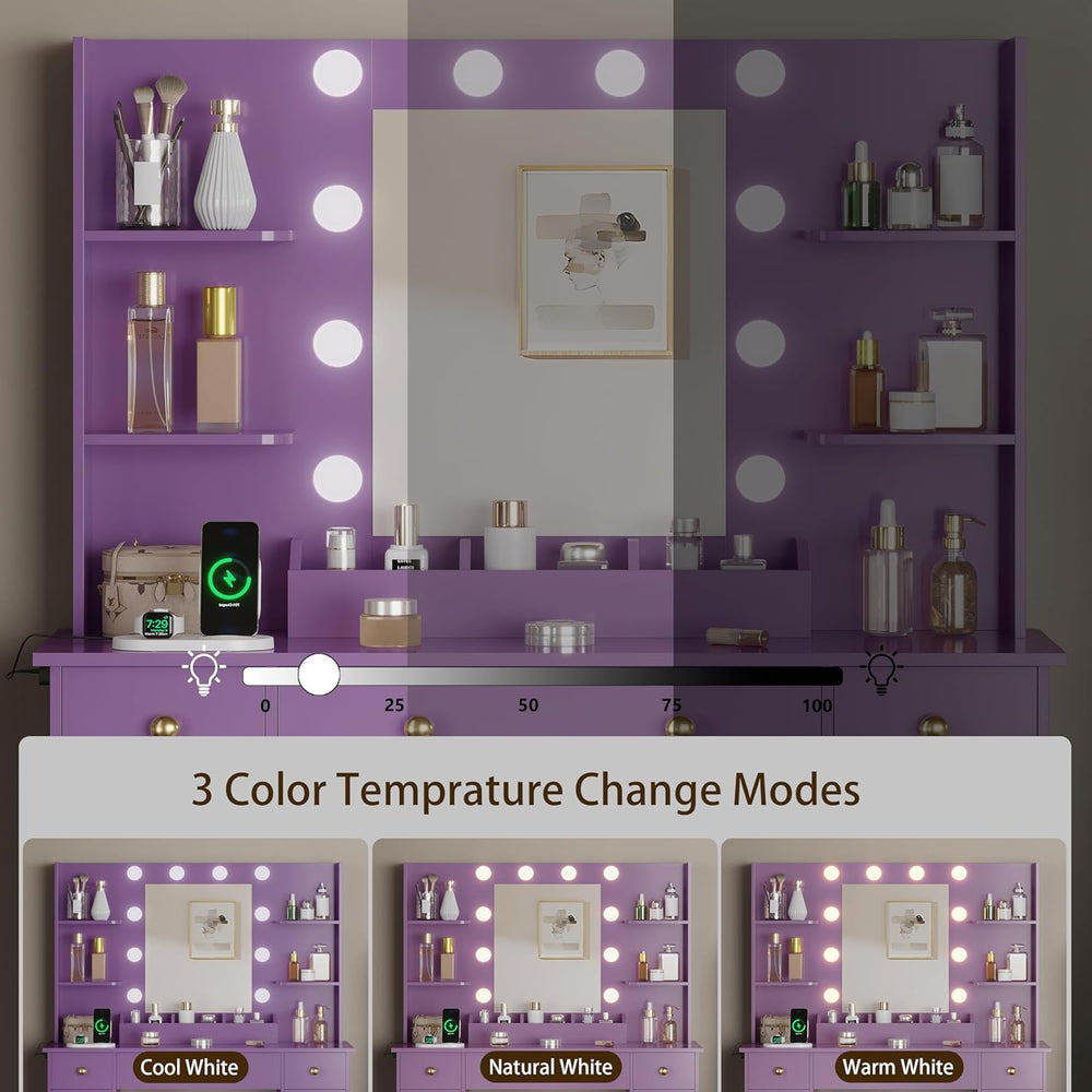 HUANLEGO Vanity Desk with Mirror and Lights, Makeup Vanity with Mirror and LE...