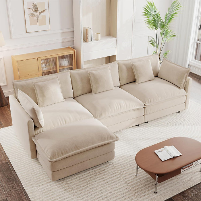 mikibama Modular Sectional Sofa, 111.5 Inch L Shaped Couch Set for Living Room, 3-Seater Comfy Cloud Couches with Movable Ottoman, DIY Combination, Chenille, Light Coffee