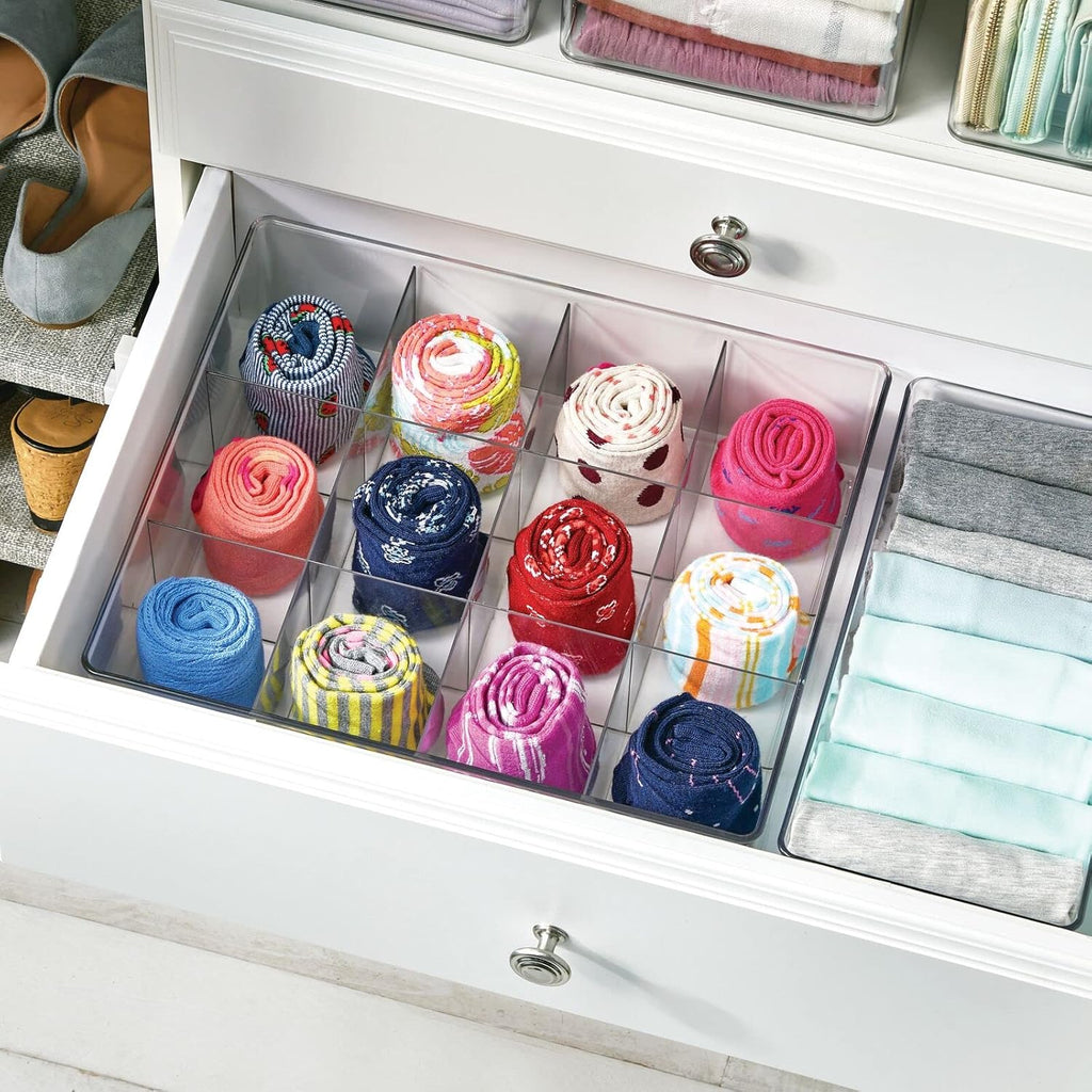 mDesign Plastic 12 Compartment Divided Drawer and Closet Storage Bin - Organizer for Scarves, Socks, Ties Bras, and Underwear - Dress Drawer Organizer, Shelf Organization - Clear