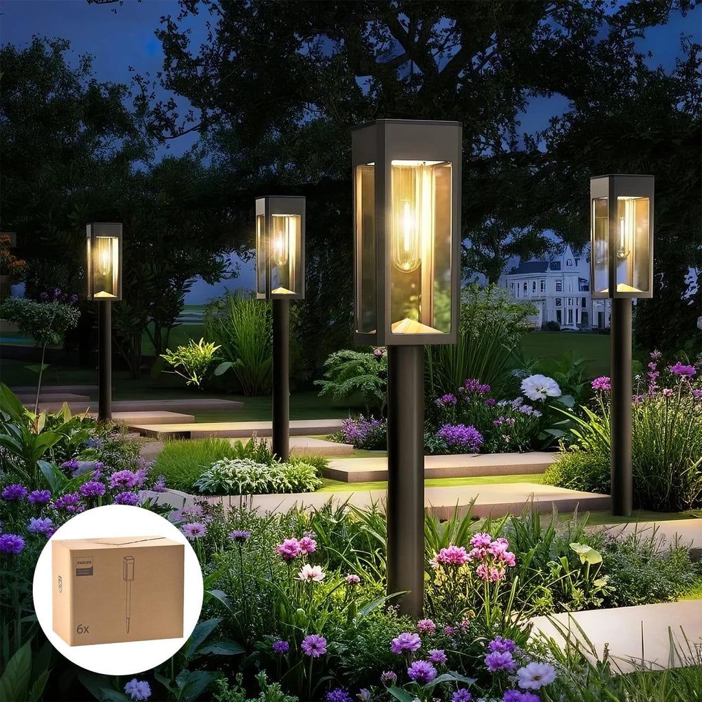 Philips 6 Packs Solar Pathway Lights Outdoor, Glass Metal Led Garden Landscape Lightings, 3000K Warm White, Waterproof for Decor Yard, Walkway, Patio, Driveway, Lawn