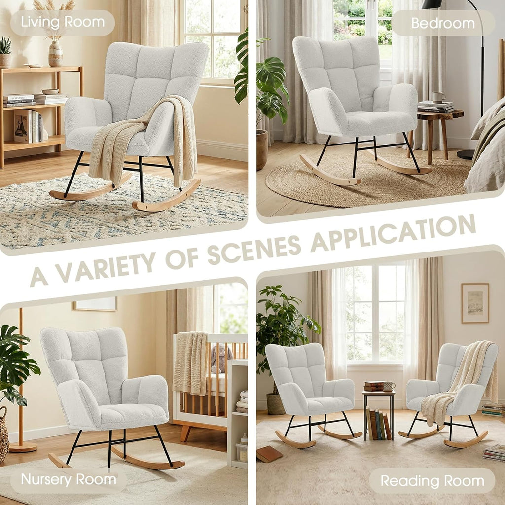 Nursery Rocking Chair, Teddy Upholstered Glider Chair with Thick Cushion, Tufted Gliding Rocker Chair with Wood Leg, Cozy Rocking Armchair, Accent Rocking Chair for Living Room (Ivory)