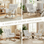 Nursery Rocking Chair, Teddy Upholstered Glider Chair with Thick Cushion, Tufted Gliding Rocker Chair with Wood Leg, Cozy Rocking Armchair, Accent Rocking Chair for Living Room (Ivory)