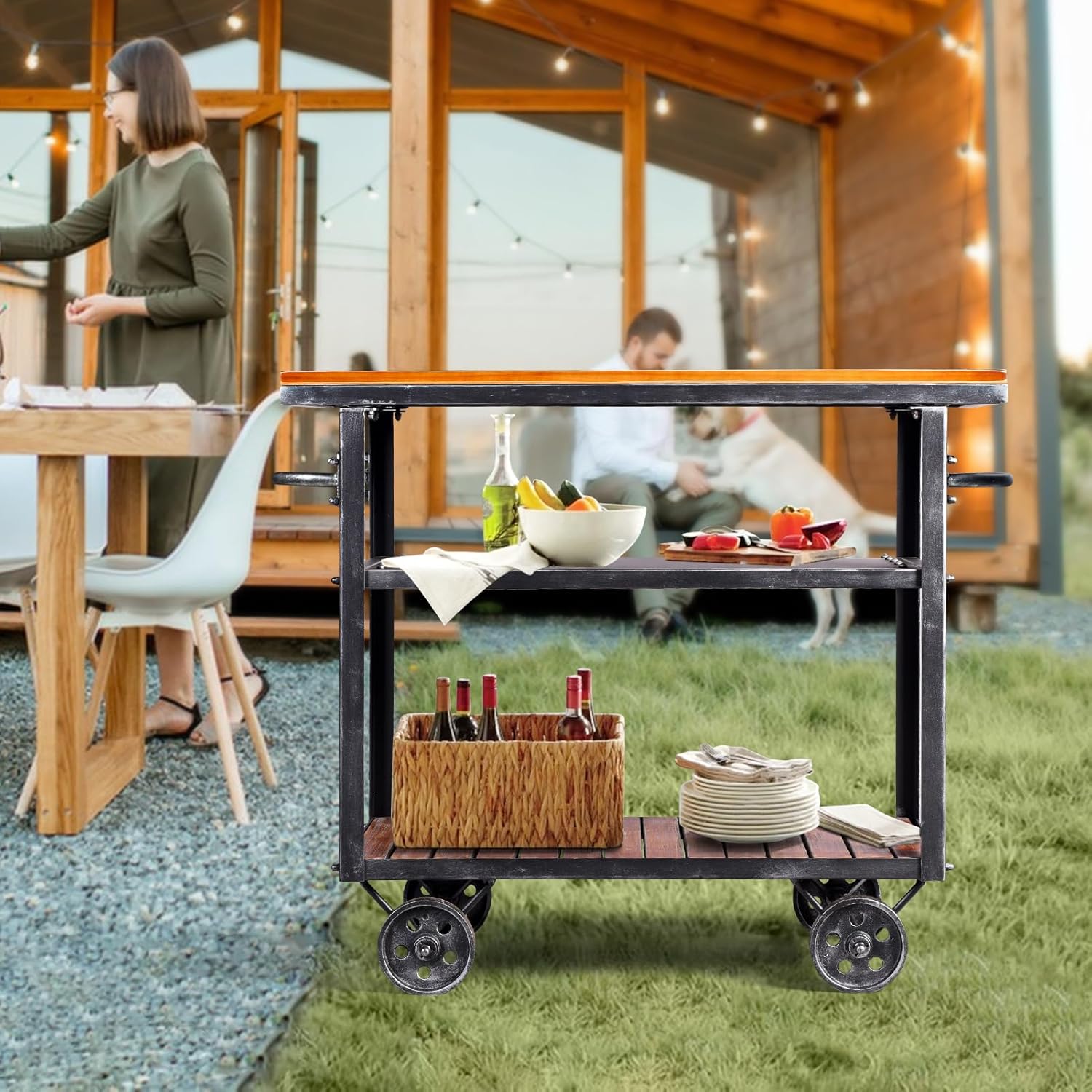 Diwhy Industrial 3 Tier Rolling Utility Storage Cart Wine Beverage, Metal Wine Rack with Wheels Kitchen Bar Dining Room Tea Wine, Storage Cart with Wood