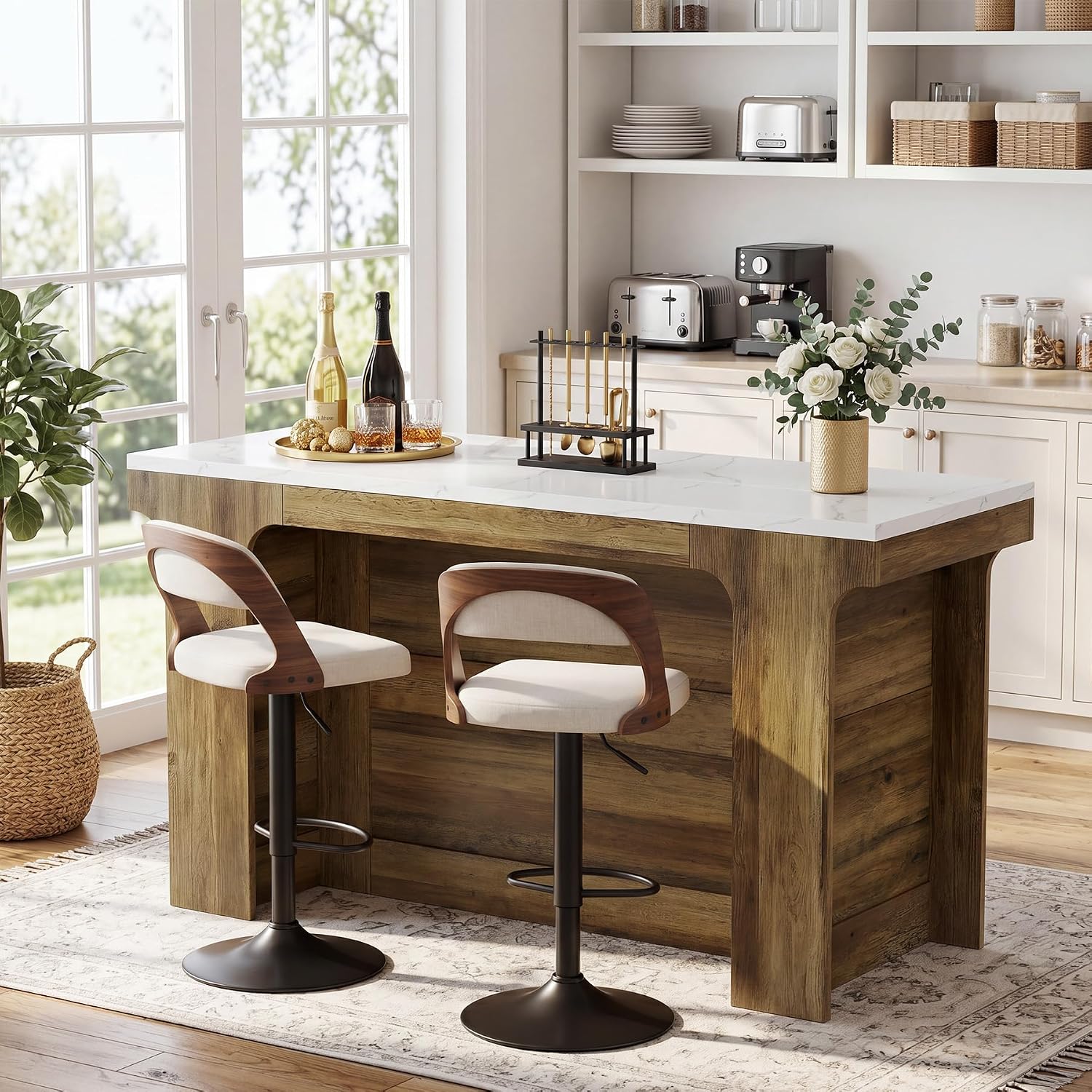 Tribesigns 59'' Kitchen Island, Modern Island Table with Faux Marble Top | Rectangular Coffee Bar Unit for Living Room, Kitchen, Bistro, Coffee Shop, Easy Assembly, White & Brown