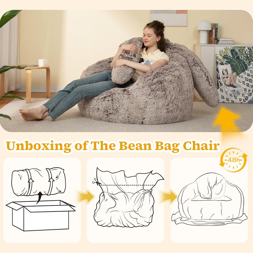 Achicsofar Bean Bag Chair for Adults Teens Giant Fluffy Plush Bean Bag Sofa with Filler Faux Fur Rabbit Shaped Beanbag Chairs Comfy Accent Floor Couch for Gaming, Reading in Bedroom, Living Room, Dorm
