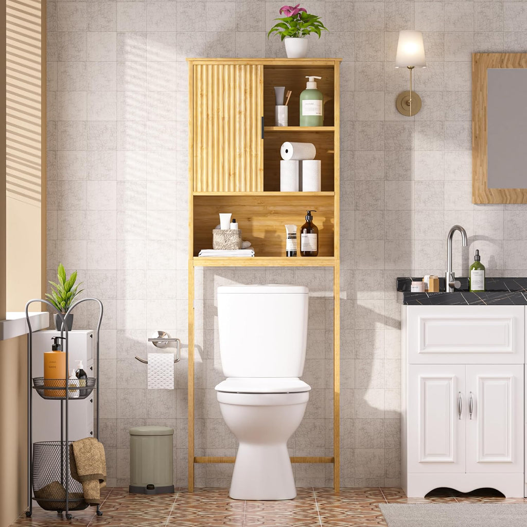 BlueWish Over The Toilet Storage Cabinet, Bamboo Over Toilet Storages with Fluted Door, Over The Toilet Cabinet Bathroom Organizer, Bathroom Shelf Over The Toilet, Storage Rack, Natural
