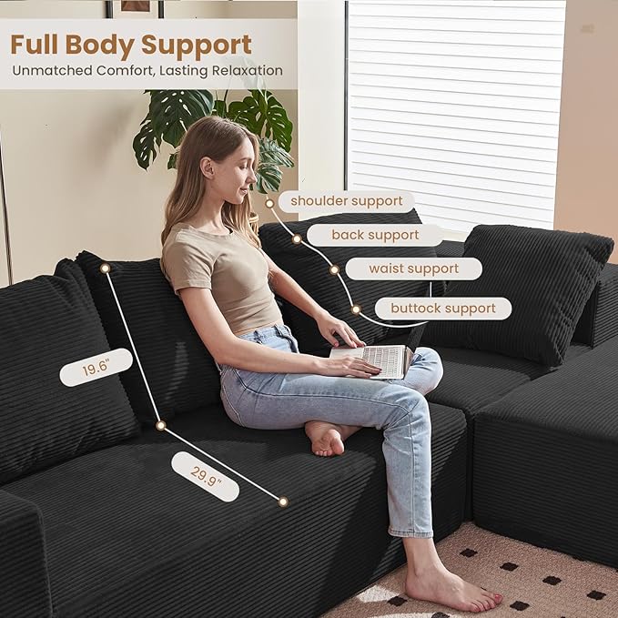 108" L-Shaped Boneless Couch, Modular Sectional Sofa with Moveable Ottoman, Corduroy Cloud Couches for Living Room, No Assembly, Ship in a Box, Black