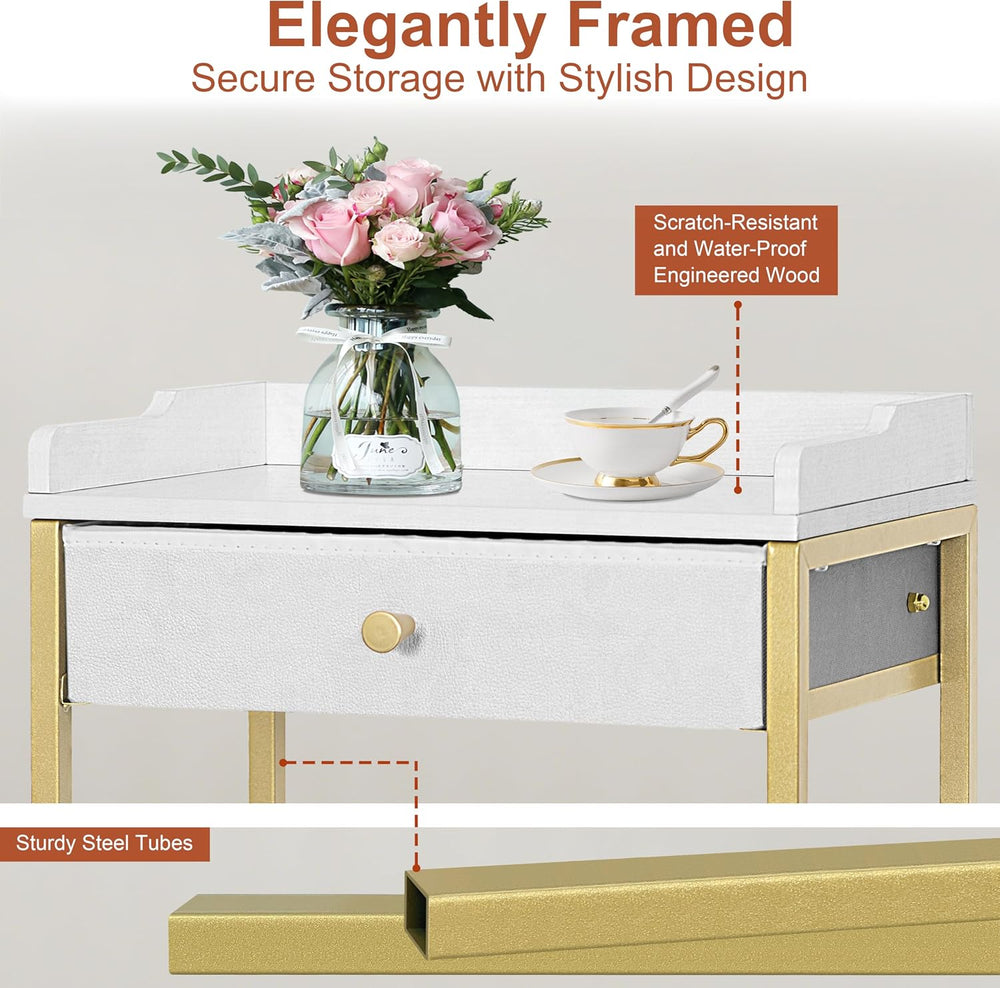Gold & White Side Table with Storage Basket, Tall End Table with Drawer, ...