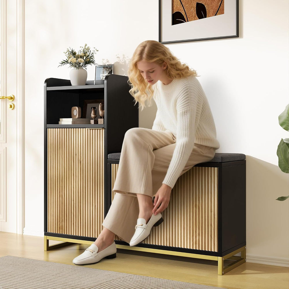 L-Shaped Shoe Storage Bench with Cushioned Seat & 2 Flip Drawer, 39'&...