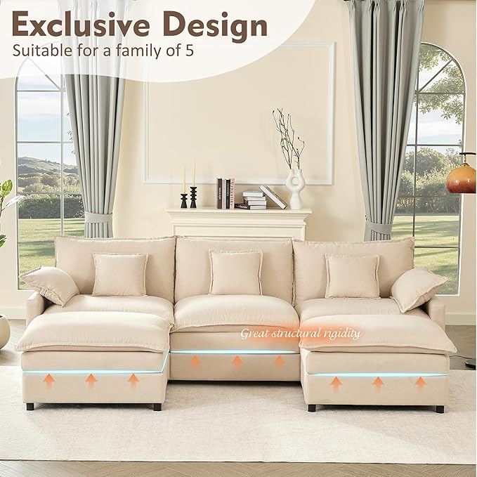 108" U Shaped Couch, Modular Sectional Sofa, 3-Seater Comfy Cloud Couch, Set of Modular Pieces with Movable Ottoman, Deep Seat Couches for Living Room, Linen, Beige