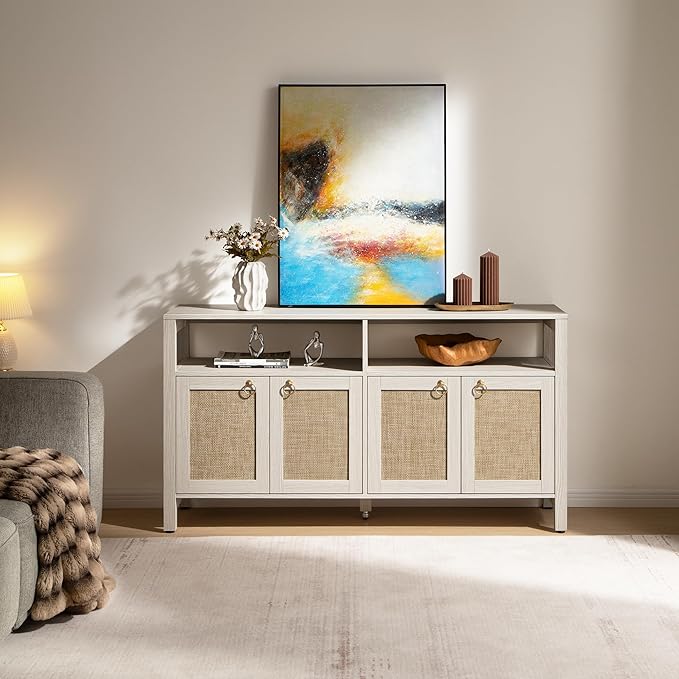 SICOTAS Rattan TV Stand for Television up to 120" - Large Entertainment Center with Storage and Open Shelves, Boho Media TV Console Cabinet with Doors and Adjustable Shelf for Living Room