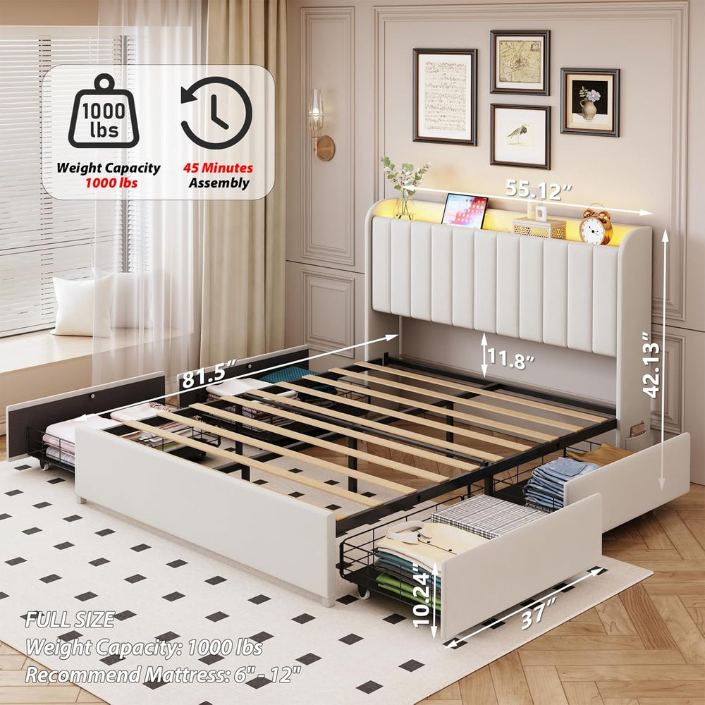 Full Bed Frame with 4 Drawers and Storage Headboard, Upholstered Platform Bed...